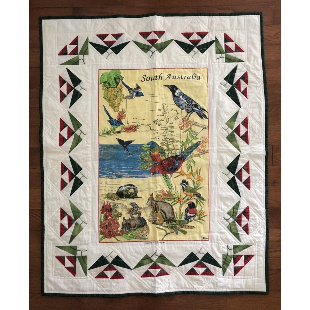 Vtg 70s Ross Hahndorf South Australia Souvenir Tea Towel Quilt Handmade 36x44